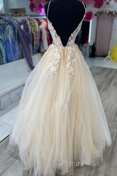 V Neck Champagne Tulle Lace Wedding Dresses, Champagne Tulle Lace Formal Prom Dresses